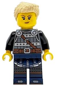 Viking Shield-Maiden Minifigure - Viking Shield-Maiden with tan hair, wearing dark bluish gray and silver armor, and dark blue legs with trim - idea170