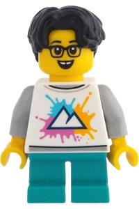 Child Minifigure - Child - Boy, White Shirt with Mountains Logo, Dark Turquoise Short Legs, Black Hair Wavy, Glasses - idea207