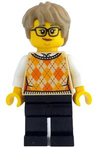 Woman Minifigure - Woman - Tan Knit Argyle Sweater Vest, Black Legs, Dark Tan Thick Messy Hair, Glasses - idea210