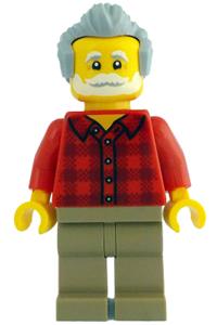 Botanical Garden Man Minifigure - Man wearing a red plaid flannel shirt with dark tan legs and light bluish gray swept back hair - idea211
