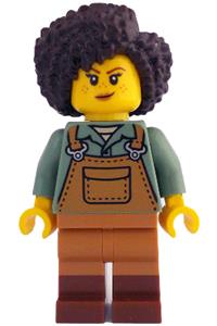 Gardener Minifigure - Female gardener with dark brown hair wearing medium nougat overalls over a sand green shirt and reddish brown boots - idea212
