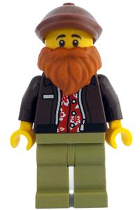 Photographer Minifigure - Photographer - Male, Dark Brown Jacket over Red Shirt, Olive Green Legs, Reddish Brown Cap, Dark Orange Beard - idea214