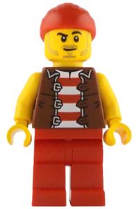 Bo'sun Will Minifigure - Bo'sun Will is a pirate wearing a reddish brown vest over a red and white striped shirt with red legs - idea237