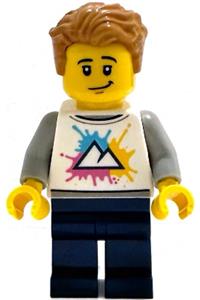Italian Riviera Tourist Minifigure - Tourist with medium nougat tousled hair, wearing a white shirt with a mountains logo and dark blue legs - idea240