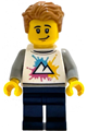 Tourist with medium nougat tousled hair, wearing a white shirt with a mountains logo and dark blue legs - idea240