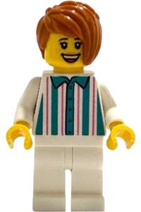 Gelato Shop Owner Minifigure - Female gelato shop owner with dark orange hair, wearing a white shirt with stripes and matching legs - idea241