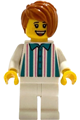 Female gelato shop owner with dark orange hair, wearing a white shirt with stripes and matching legs - idea241