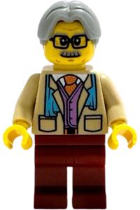 Italian Riviera Tourist Minifigure - Tourist with light bluish gray hair wearing a tan suit jacket and dark red legs - idea242