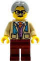 Tourist with light bluish gray hair wearing a tan suit jacket and dark red legs - idea242