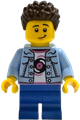 Boy child grandson with dark brown coiled short hair wearing a bright light blue denim jacket over a shirt with a record and blue medium legs - idea244