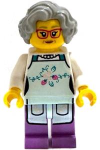 Nonna Fishmonger  Minifigure - Nonna Fishmonger wearing a light aqua apron and light bluish gray wavy hair - idea245