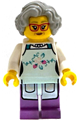 Nonna Fishmonger wearing a light aqua apron and light bluish gray wavy hair - idea245