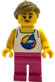 Female diving shop owner wearing a white tank top with dark azure sailboat, dark pink legs, and dark tan hair in a ponytail - idea246