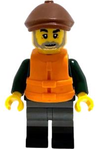 Italian Riviera Fisher Minifigure - Fisher wearing a reddish brown flat cap, orange life jacket, dark green open jacket, and dark bluish gray legs with black boots - idea247