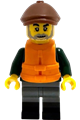 Fisher wearing a reddish brown flat cap, orange life jacket, dark green open jacket, and dark bluish gray legs with black boots - idea247