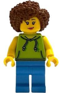 Female Scooter Driver Minifigure - Female scooter driver wearing a lime hoodie, dark azure legs, and reddish brown coiled hair - idea248