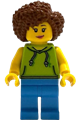 Female scooter driver wearing a lime hoodie, dark azure legs, and reddish brown coiled hair - idea248