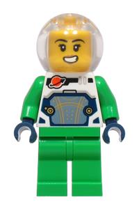 Flying Moon Car Astronaut Female - Female astronaut wearing a white spacesuit with bright green arms and legs, and a trans-clear fishbowl helmet - idea272