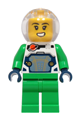 Female astronaut wearing a white spacesuit with bright green arms and legs, and a trans-clear fishbowl helmet - idea272