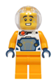 Male astronaut wearing a white spacesuit with bright light orange arms and legs, and a trans-clear fishbowl helmet - idea273