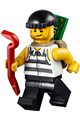 Minifigure wearing jail prisoner shirt with prison stripes, torn out sleeves, black legs, black knit cap, and open backpack - jail005