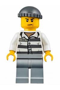 Jail Prisoner Minifigure - Prisoner 86753 in police custody wearing prison stripes, a dark bluish gray knit cap, and a scowl - jail006