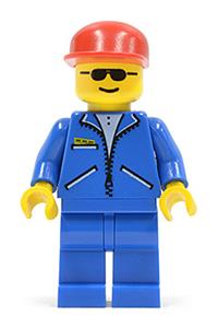 Worker Minifigure - Minifigure wearing a blue jacket, red cap, and sunglasses with blue legs - jbl001