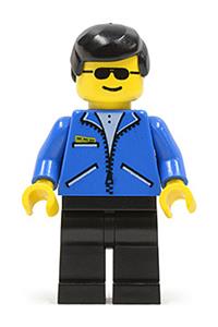 Male in Blue Jacket Minifigure - Minifigure with black male hair wearing a blue jacket, black legs, and sunglasses - jbl004