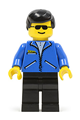 Minifigure with black male hair wearing a blue jacket, black legs, and sunglasses - jbl004