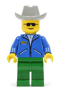 Worker in blue jacket Minifigure - Minifigure with blue jacket, green legs, light gray cowboy hat, and sunglasses - jbl006