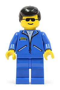 Male in Blue Jacket Minifigure - Male with black hair wearing sunglasses, a blue jacket, and blue legs - jbl007