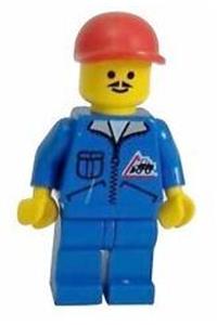 Construction Worker Minifigure - Minifigure with a bulldozer logo, blue legs, and a red cap - jbl009