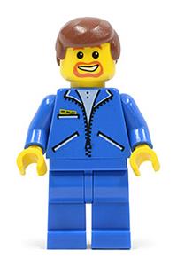 Worker in Blue Jacket Minifigure - Male minifigure with reddish-brown hair and brown facial hair wearing a blue jacket and blue legs - jbl010