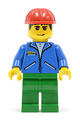 Minifigure wearing blue jacket with green legs and a red construction helmet - jbl011