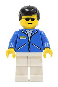 Worker in blue jacket Minifigure - Minifigure with black hair wearing sunglasses, a blue jacket and white legs - jbl012