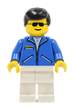 Minifigure with black hair wearing sunglasses, a blue jacket and white legs - jbl012