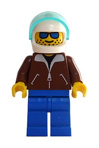 Helicopter Pilot Minifigure - Helicopter pilot with a reddish brown jacket, blue legs, white helmet, and a trans-light blue visor - jbr001a