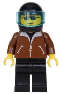 Male in brown jacket Minifigure - Minifigure with black legs, black helmet, and trans-light blue visor, wearing a brown jacket - jbr002