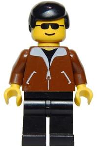 Male in brown jacket Minifigure - Male minifigure with black hair, wearing a brown jacket and black legs - jbr004
