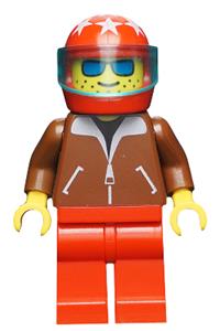 Stunt Pilot Minifigure - Minifigure with a brown jacket, red legs, red helmet with white stars, and blue sunglasses with a trans-light blue visor - jbr007