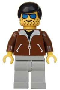 Scruffy Sam Minifigure - Minifigure with black male hair wearing a light gray jacket, blue sunglasses, and black legs - jbr009