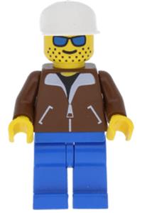 Male in brown jacket Minifigure - Minifigure with blue legs, wearing a brown jacket, white cap, and blue sunglasses - jbr010