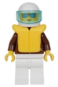 Male in brown jacket Minifigure - Minifigure with white legs, wearing a white helmet with a trans-light blue visor, blue sunglasses, and life jacket - jbr011