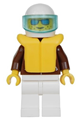 Jacket Brown - White Legs, White Helmet, Trans-Light Blue Visor, Blue Sunglasses, Life Jacket - jbr011