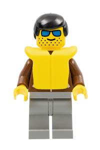 Male in Brown Jacket Minifigure - Minifigure with black male hair wearing a life jacket, light gray legs, and a brown jacket - jbr012