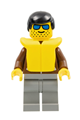 Minifigure with black male hair wearing a life jacket, light gray legs, and a brown jacket - jbr012