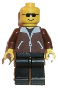 Kayaker Minifigure - Minifigure wearing a brown jacket, red cap, black sunglasses, and a life jacket on black legs - jbr013