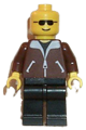 Minifigure wearing a brown jacket, red cap, black sunglasses, and a life jacket on black legs - jbr013
