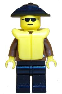 Boat Driver Minifigure - Male driver wearing a brown jacket, black wide brim hat, and a life jacket with black legs - jbr014