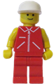 Minifigure wearing a red jacket with a zipper, yellow arms, red legs, and a white cap - jred002